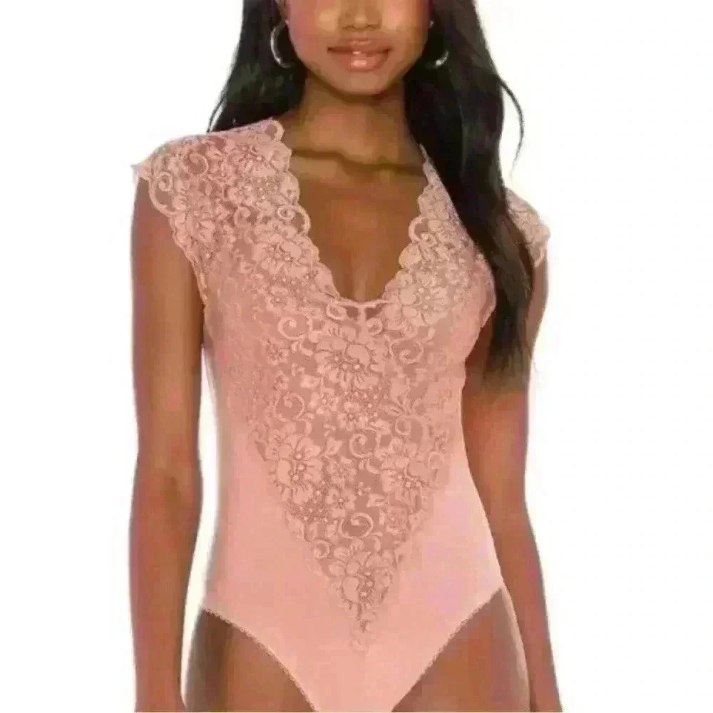 $98 We are HAH x Free People Thing Lace‎ Pink Bodysuit Fairy Coquette